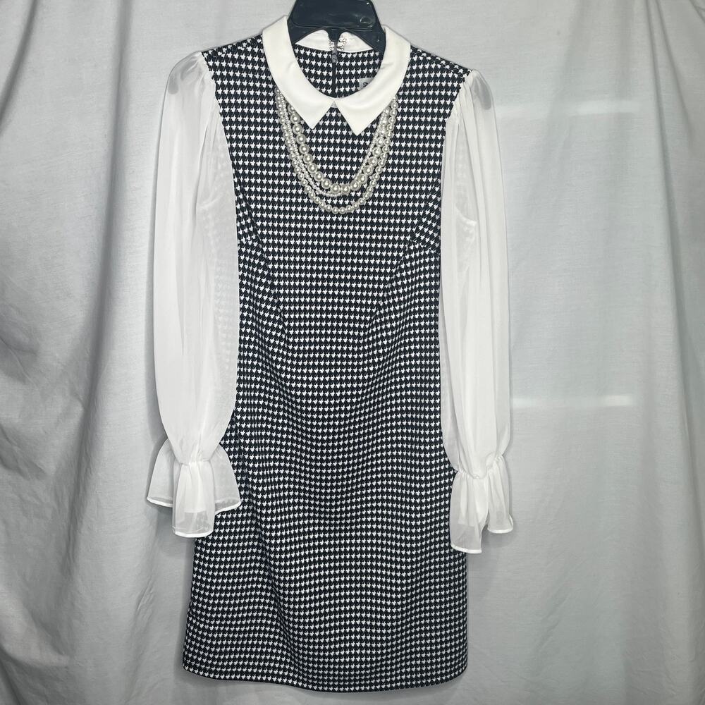 Shelby & Palmer Houndstooth Black White Sheer Sleeve Dress 6